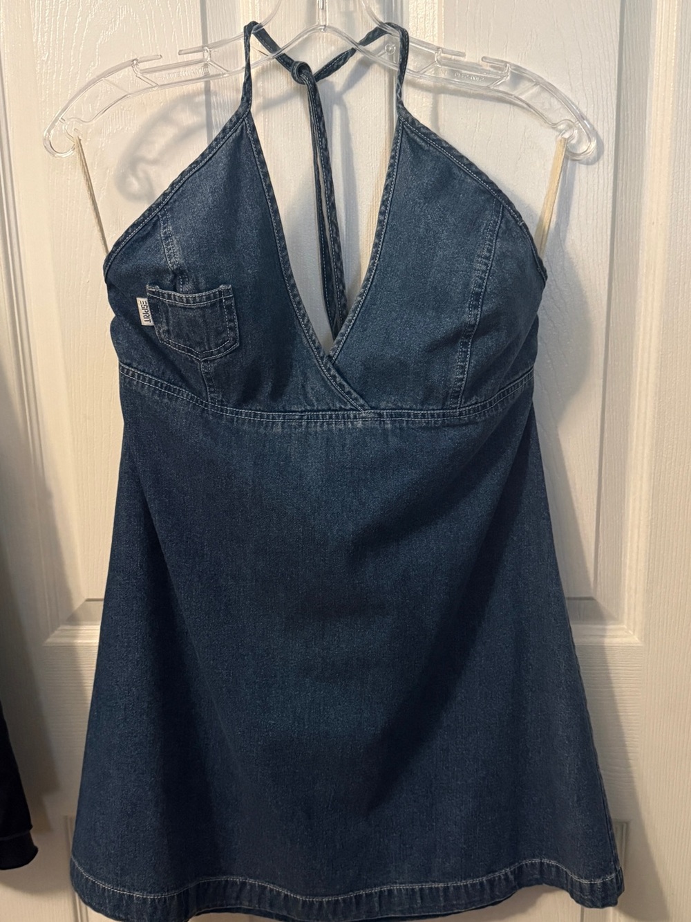 Vintage Esprit blue denim halter mini dress.
